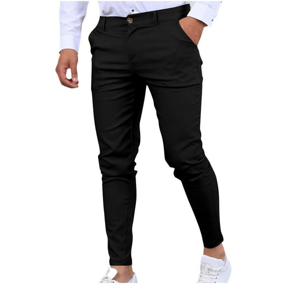 Iugvhana Mens Slim Fit Dress Pants Stretch Casual Business Office Work Formal Trousers with Pockets Straight-Leg Daily Thin Dress Pants Black S