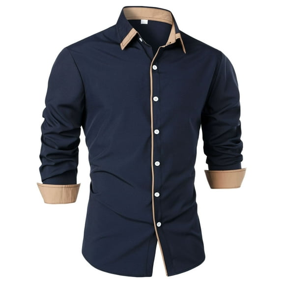 Iugvhana Mens Slim Fit Dress Shirts Cotton Long Sleeve Casual Button Down Shirts Lapel Collar Contrast Shirt for Men Wedding Navy XL