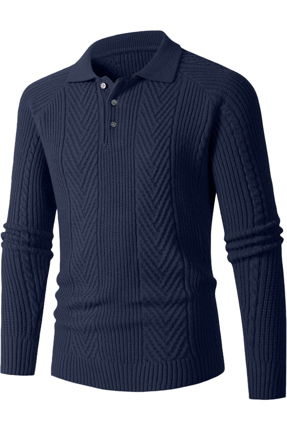 Mens Sweater Button Lapel Long Sleeve Slim Fit Knitted Warm Pullover Sweater Casual Collared Textured Golf Dress Sweater Navy M