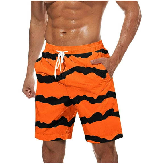 Iugvhana Mens Swim Trunks Quick Dry Bathing Suits Loose Casual Striped Print Drawstring Elastic Waist Beach Shorts with Pockets Orange XL