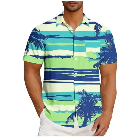 Iugvhana Mens Tropical Hawaiian Shirts Big and Tall Short Sleeve Button Down Shirts Palm Tree Holiday Summer Beach Shirts Blue M