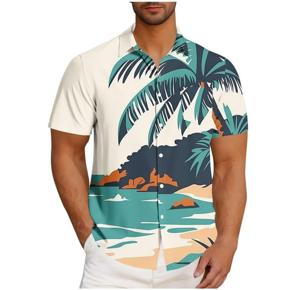 Iugvhana Mens Tropical Hawaiian Shirts Big and Tall Short Sleeve Button Down Shirts Palm Tree Holiday Summer Beach Shirts Light Blue S