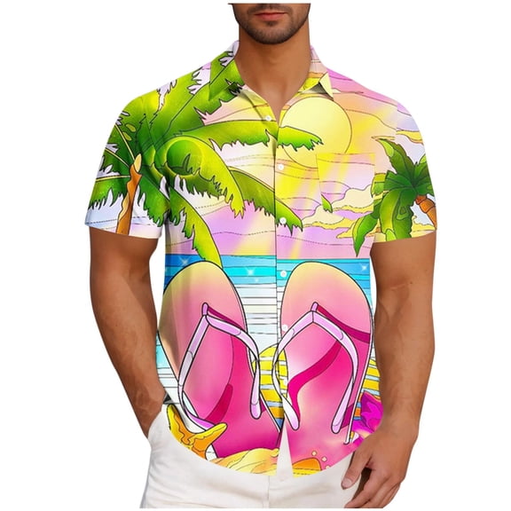 Iugvhana Mens Tropical Hawaiian Shirts Big and Tall Short Sleeve Button Down Shirts Palm Tree Holiday Summer Beach Shirts Yellow M