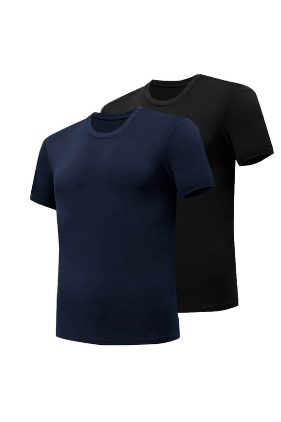 Mens Undershirts Cotton Short Sleeve Crewneck Base Tees Slim-fit Stretch Moisture-Wicking T-Shirts 2 Pack Black L
