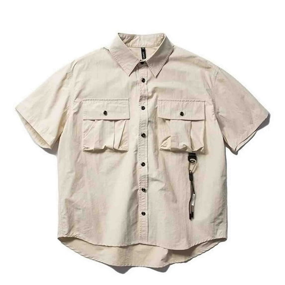 Iugvhana Mens Work Clothes Shirts Oversized Short Sleeve Button Down Double Pockets Shirt Turndown Collar Relaxed Fit Shirt Beige XL