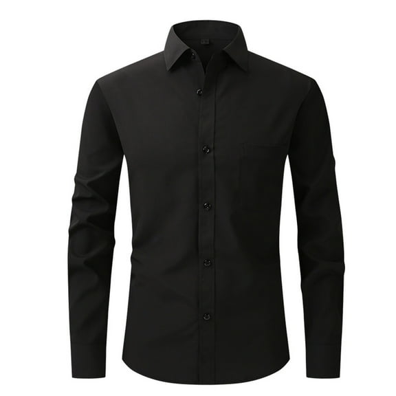 Iugvhana Mens Wrinkle-Free Business Dress Shirts Slim Fit Long Sleeve Lapel Solid Cotton Shirt Top Lightweight Button Blouse Black XL