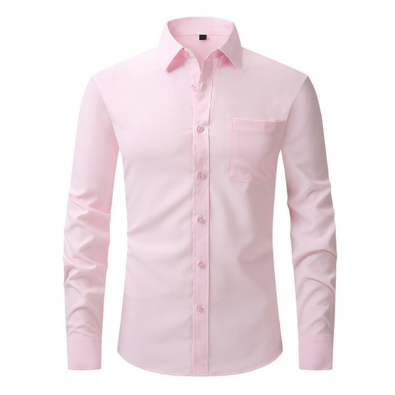 Iugvhana Mens Wrinkle-Free Business Dress Shirts Slim Fit Long Sleeve Lapel Solid Cotton Shirt Top Lightweight Button Blouse Pink XL