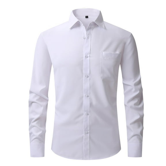 Iugvhana Mens Wrinkle-Free Business Dress Shirts Slim Fit Long Sleeve Lapel Solid Cotton Shirt Top Lightweight Button Blouse White L