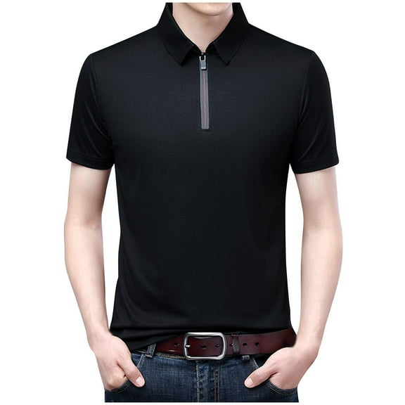 Iugvhana Mens Zipper Polo Shirts Short Sleeve Moisture Wicking Outdoor Golf Shirt Collared Athletic Tennis Polo Black XXXL
