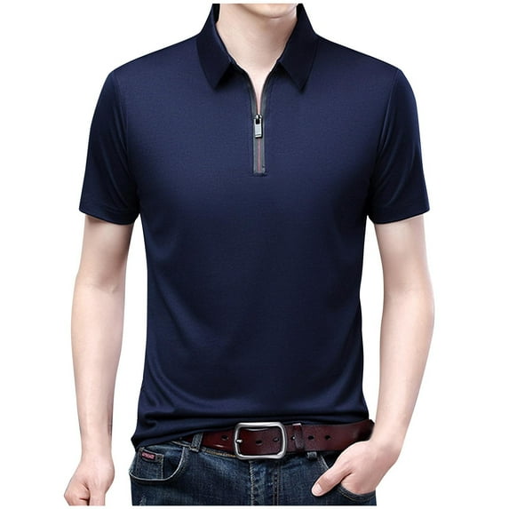 Iugvhana Mens Zipper Polo Shirts Short Sleeve Moisture Wicking Outdoor Golf Shirt Collared Athletic Tennis Polo Navy XXXL