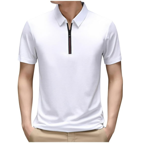 Iugvhana Mens Zipper Polo Shirts Short Sleeve Moisture Wicking Outdoor Golf Shirt Collared Athletic Tennis Polo White L