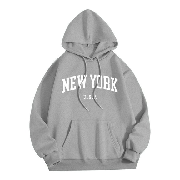 Iugvhana NEW YORK Hooded Sweatshirts for Men Trendy Design Casual Long Sleeve Hoodies with Drawstring Pocket Pullovers Gray S
