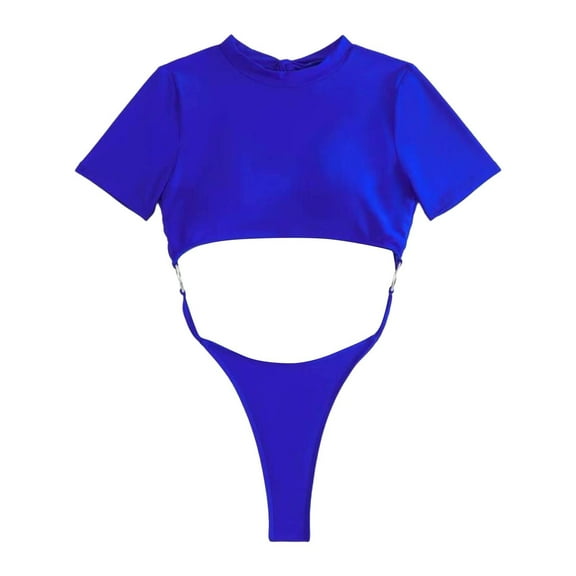 Iugvhana One Piece Swimsuit for Women Cutout High Cut Backless Bathing Suit Short Sleeve Tshirt Body Suits Slim Fit Crew Neck Crop Tops Blue M