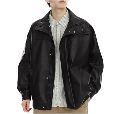 Iugvhana PU Leather Jacket for Men Faux Slim Fit Motorcycle Jackets Stand Collar Zip Up Coats Streetwear Fashion Trendy Outfits Black#1 M