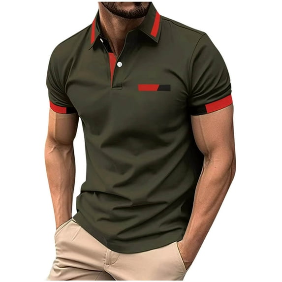 Iugvhana Polo Shirts Men Button Collared Short Sleeve Casual Classic Polo T Shirt Color Block Slim Fit Golf Shirts Khaki S