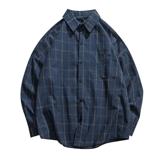 Iugvhana Regular-Fit Plaid Shirts for Men Loose Casual Long Sleeve Shirt Tops Button Down Lapel Shirt with Pocket Blue XXL