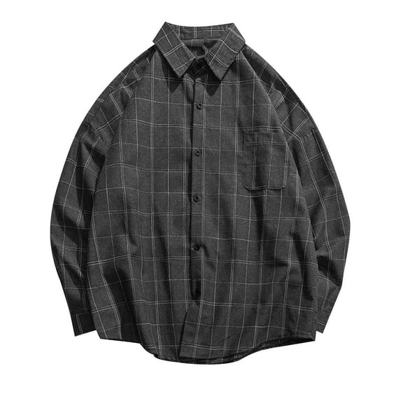 Iugvhana Regular-Fit Plaid Shirts for Men Loose Casual Long Sleeve Shirt Tops Button Down Lapel Shirt with Pocket Gray XL