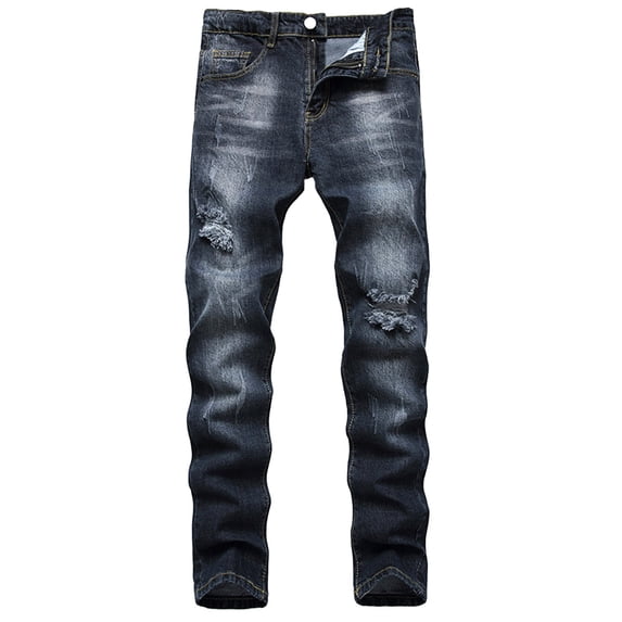 Iugvhana Ripped Jeans for Men Slim Fit Denim Personality Zipper Button Pocket Distressed Destroyed Pants Mens Jeans with Hole Trendy Trouser Black#2 40
