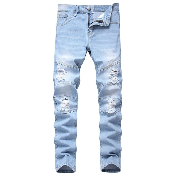 Iugvhana Ripped Jeans for Men Slim Fit Denim Personality Zipper Button Pocket Distressed Destroyed Pants Mens Jeans with Hole Trendy Trouser Light Blue 42