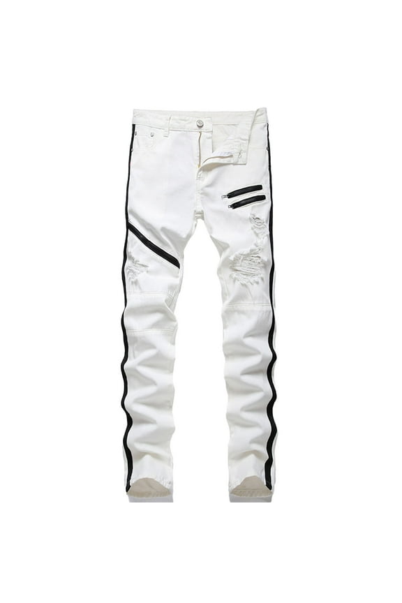 Ripped Jeans for Men Slim Fit Denim Personality Zipper Button Pocket Distressed Destroyed Pants Mens Jeans with Hole Trendy Trouser White 40