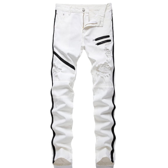 Iugvhana Ripped Jeans for Men Slim Fit Denim Personality Zipper Button Pocket Distressed Destroyed Pants Mens Jeans with Hole Trendy Trouser White 44