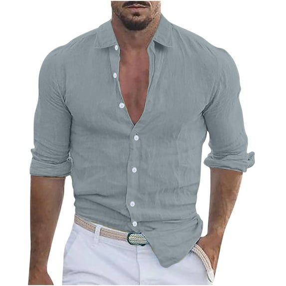 Iugvhana Shirt Men Casual Cotton Linen Button Down Shirt Slim Fit Trendy Long Sleeve Turn-down Collar Shirt Blouse Gray L