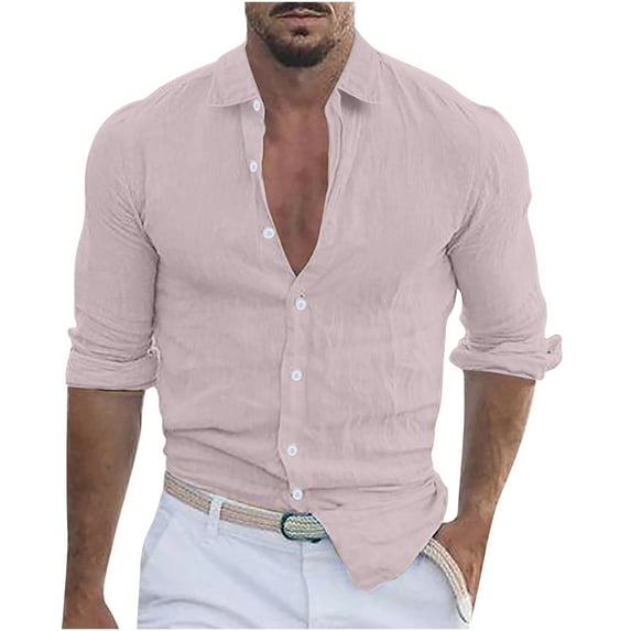 Iugvhana Shirt Men Casual Cotton Linen Button Down Shirt Slim Fit Trendy Long Sleeve Turn-down Collar Shirt Blouse Hot Pink L