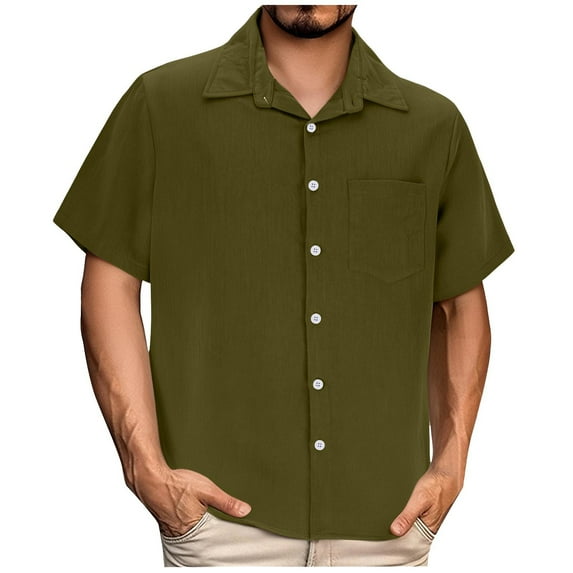 Iugvhana Shirt for Men Casual Solid Color Regular-Fit Short Sleeve Shirts Turndown Collar Button Down Pocket Shirt Tops Army Green M