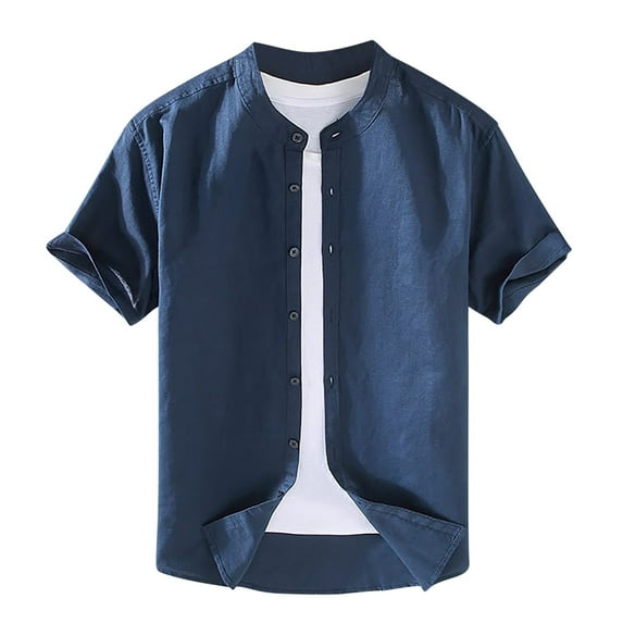 Iugvhana Shirts for Men Regular Fit Solid Color Stand-up Collar Button Down Shirt Casual Summer Short Sleeve Blouse Tops Dark Blue XXL