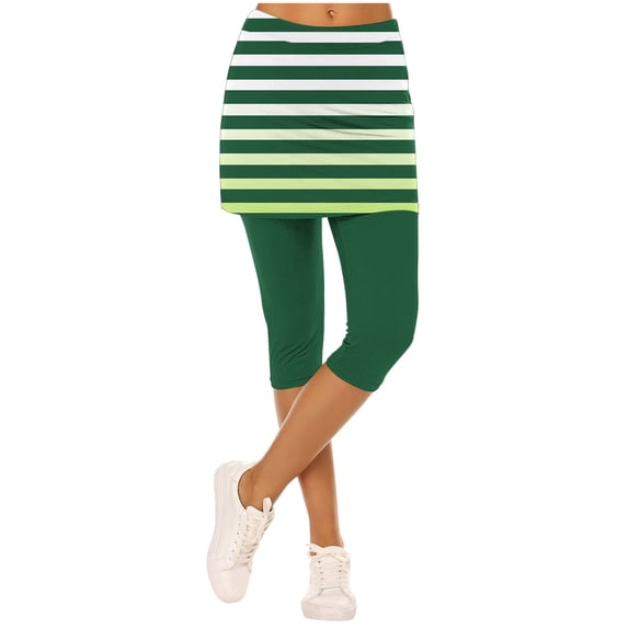 Iugvhana Skirted Leggings for Women Striped Athletic Tennis Skorts Capris Stretch High Waisted Workout Gym Yoga Legging with Skirt Army Green S