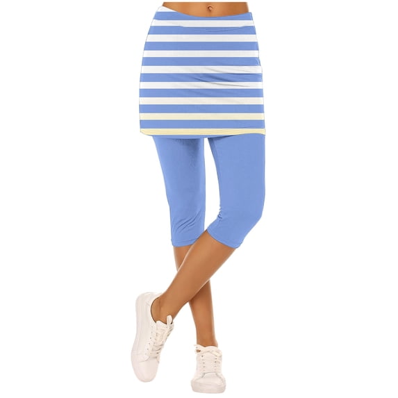 Iugvhana Skirted Leggings for Women Striped Athletic Tennis Skorts Capris Stretch High Waisted Workout Gym Yoga Legging with Skirt Light Blue L