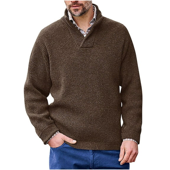 Iugvhana Stand-Up Collar Sweaters for Men Daily Casual Pullover Rib Design Knitted Slim Fit Lightweight Long Sleeve Sweater Brown XXXL