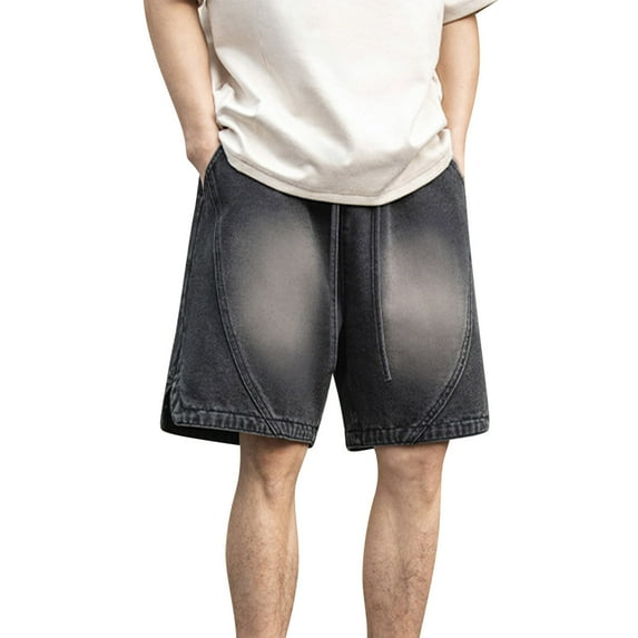 Iugvhana Summer Mens Vintage Denim Shorts Loose Fit Baggy Jean Shorts Elastic Drawstring Waist Jeans Shorts Streetwear Black XXXL