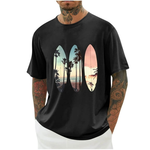 Iugvhana Summer Tshirt Mens Funny Graphic Tees Hawaiian Beach Vacation Palm Tree Print Tops Short Sleeve T-Shirt Black L