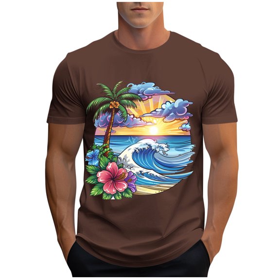 Iugvhana Tee Shirts Mens T-Shirts for Men Graphic T-Shirt Hawaiian Beach Summer T Shirts Short Sleeve Crewneck Tee Brown XL