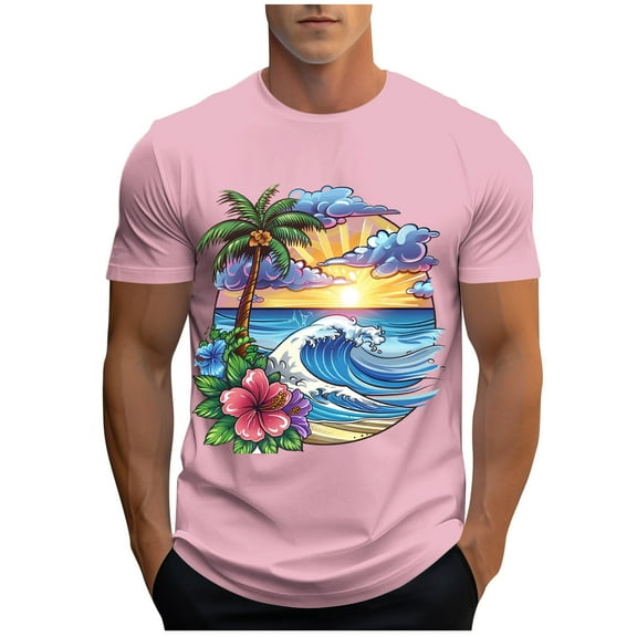 Iugvhana Tee Shirts Mens T-Shirts for Men Graphic T-Shirt Hawaiian Beach Summer T Shirts Short Sleeve Crewneck Tee Pink L