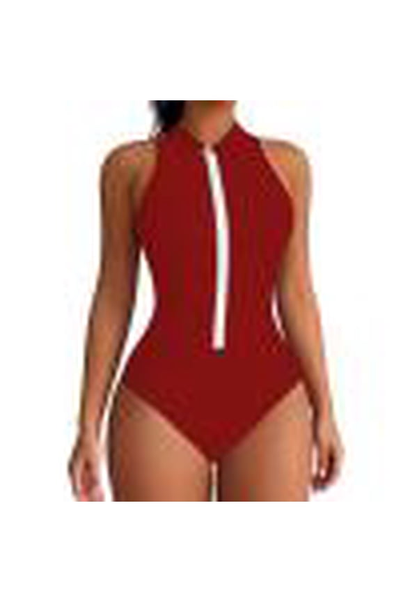 Tummy Control Swimsuits for Women Zipper Front One Piece Bathing Suit Sleeveless Racerback Sporty Swimwear Surfing Swimsuit Red L