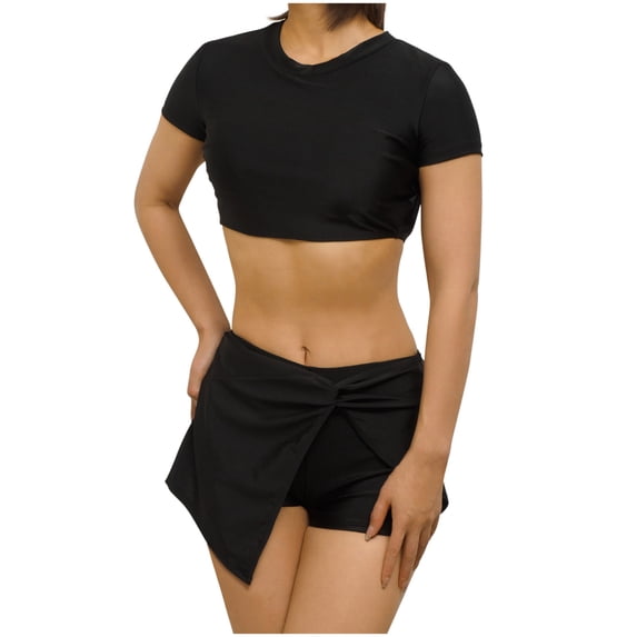 Iugvhana Two Piece Swimsuits for Women Short Sleeve Tie Back Crop Tops with Twist Wrap Swim Skirt Shorts High Waisted Bathing Suit Black S