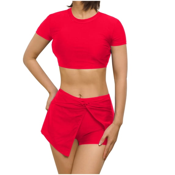 Iugvhana Two Piece Swimsuits for Women Short Sleeve Tie Back Crop Tops with Twist Wrap Swim Skirt Shorts High Waisted Bathing Suit Red S