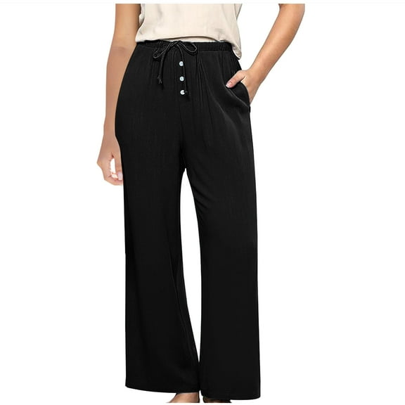 Iugvhana Wide Leg Pants for Women Loose Fit High Waisted Pull On Button Drawstring Pants Casual Lightweight Summer Vacation Pants with Pockets Black M