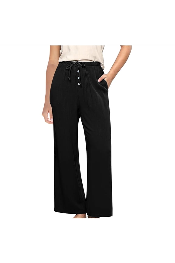 Wide Leg Pants for Women Loose Fit High Waisted Pull On Button Drawstring Pants Casual Lightweight Summer Vacation Pants with Pockets Black M