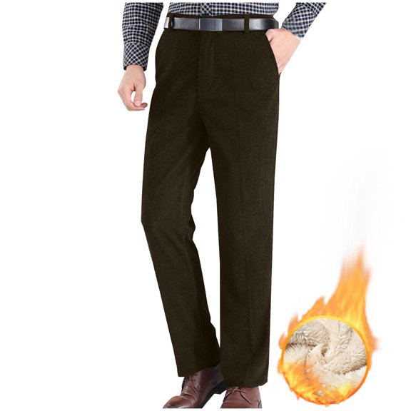Iugvhana Winter Warm Pants for Men Fleece Lined Thickened Comfort Corduroy Dress Trousers Straight Leg Pants Fashion Solid Casual Business Trouser Coffee M