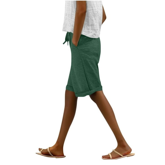 Iugvhana Women's Bermuda Shorts Summer Casual Drawstring Elastic High Waisted Knee Length Loose Sports Beach Shorts with Pockets Dark Green M