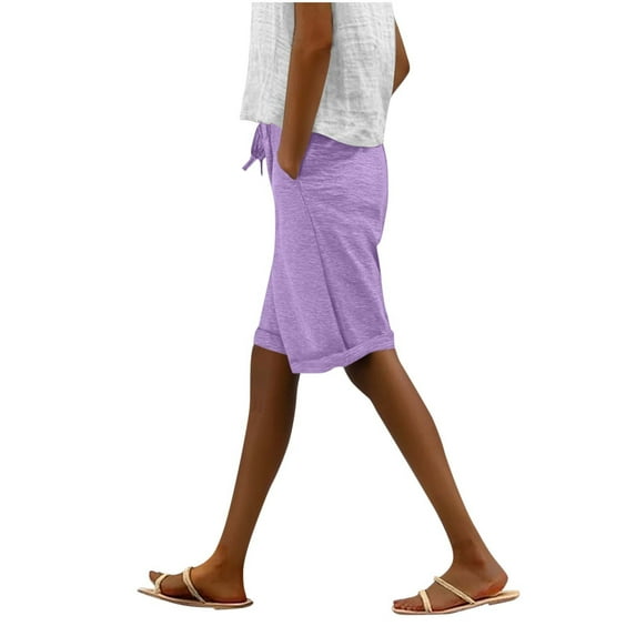 Iugvhana Women's Bermuda Shorts Summer Casual Drawstring Elastic High Waisted Knee Length Loose Sports Beach Shorts with Pockets Lavender XXL