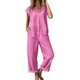 thumbnail image 1 of Iugvhana Women's Button Down Jumpsuits Cotton Linen Short Sleeve Casual Wide Legs Rompers Loose Fit One Piece Overalls with Pockets Pink S, 1 of 8