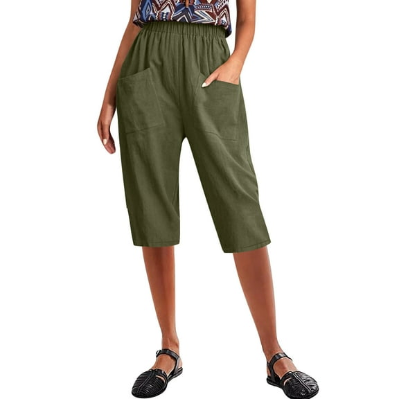 Iugvhana Women's Capri Pants Loose Knee Length Cotton Linen Capris Casual Elastic Waist Summer Straight Leg Beach Shorts with Pockets Army Green M