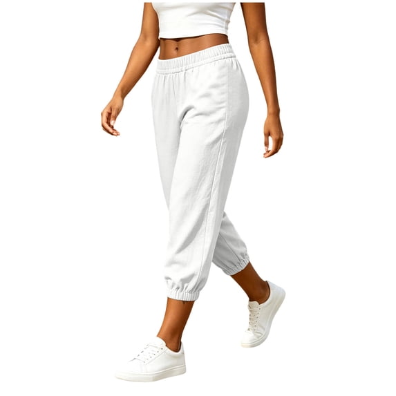 Iugvhana Women's Capris Pants Casual Elastic Waist Cotton Linen Cropped Pants Lightweight Loose Tapered Jogger Pants with Pockets White XS