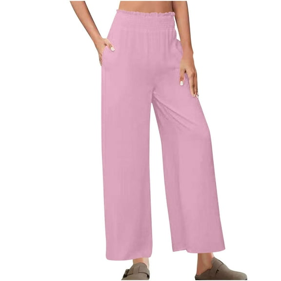 Iugvhana Women's Cotton Linen Palazzo Pants Summer Flowy Wide Leg High Waist Lounge Pants Casual Elastic Waist Beach Vacation Pants with Pockets Purple XXL