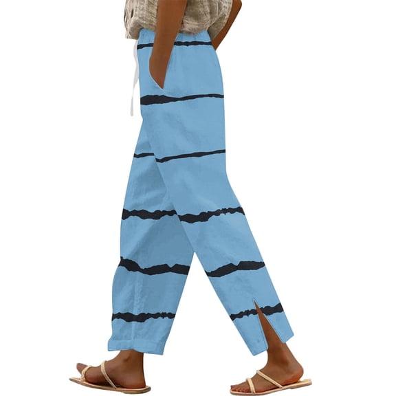 Iugvhana Women's Cotton Linen Pants Striped Printed Summer Drawstring Side Split Pants Loose Elastic Waist Lounge Wide Leg Pants with Pockets Light Blue M