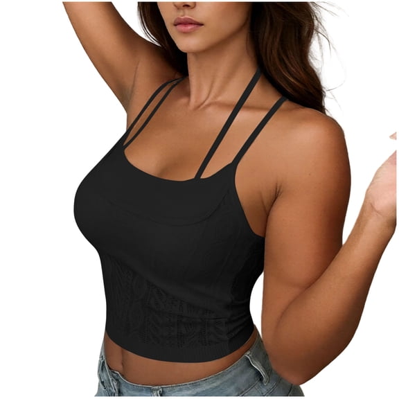Iugvhana Women's Crochet Knit Halter Tank Tops with Built-in Bra Push Up Soft Breathable Seamless Casual Sleeveless Camisole Tops Black Free Size